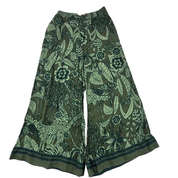 Farm Rio x Anthropologie Floral Jungle Print Wide Leg Satin Pants Green Large - Picture 7 of 15